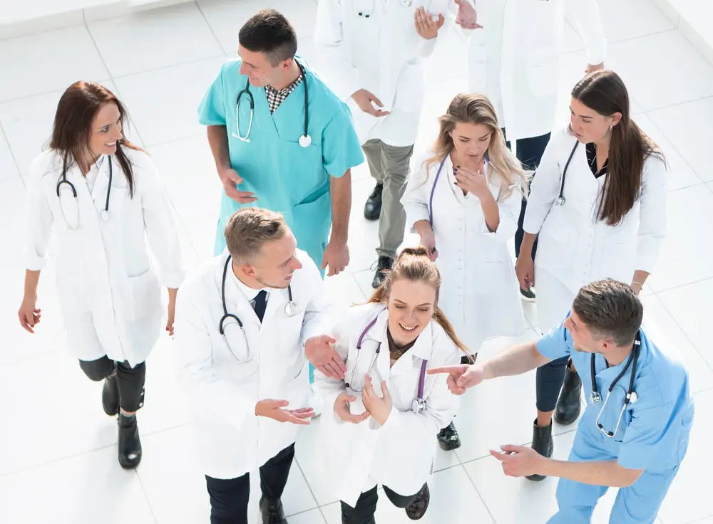 top view of group of doctors discussing work issues.
